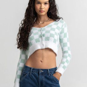 TIMING Checkered Fuzzy Womens Mint Crop Cardigan size Large
